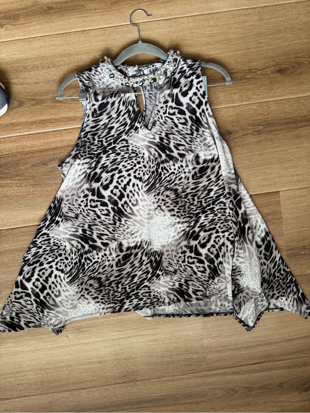 Jennifer Lopez Black & White Animal-Print Jeweled Neck Camisole